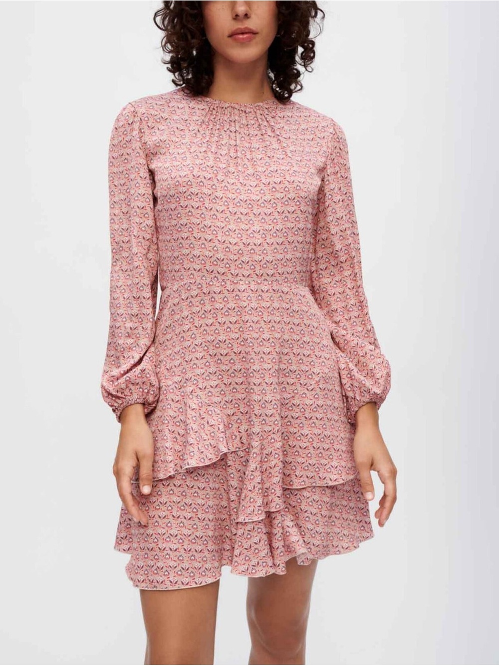 Maje Pink Printed Long-Sleeve Ruffle Mini Dress
